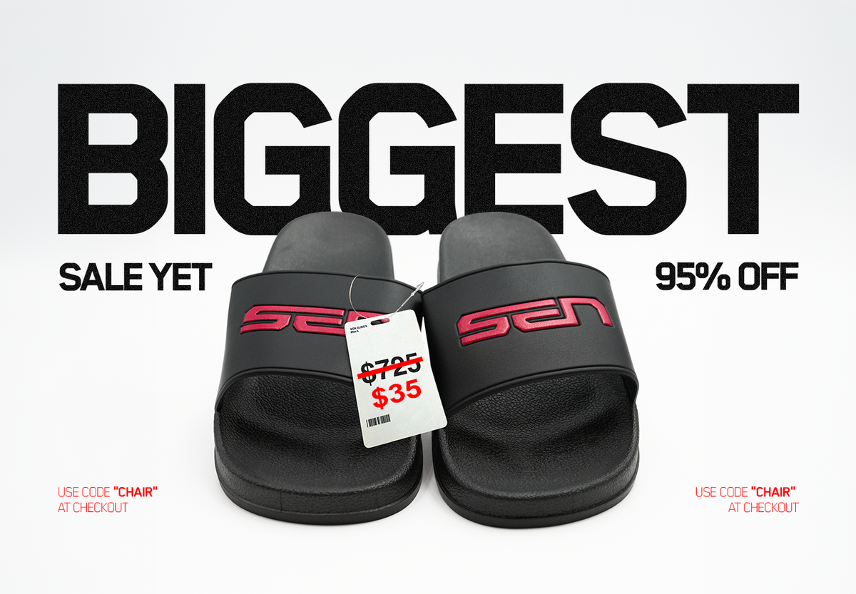 A pair of black slide sandals with red 'sen' branding and a white price tag, set against a white background with large promotional text reading 'BIGGEST SALE YET 97% OFF'.